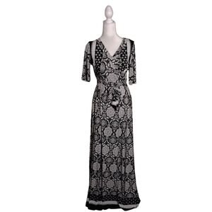 Women's Black White Floral Tie Wrap Stretch Maxi Dress L